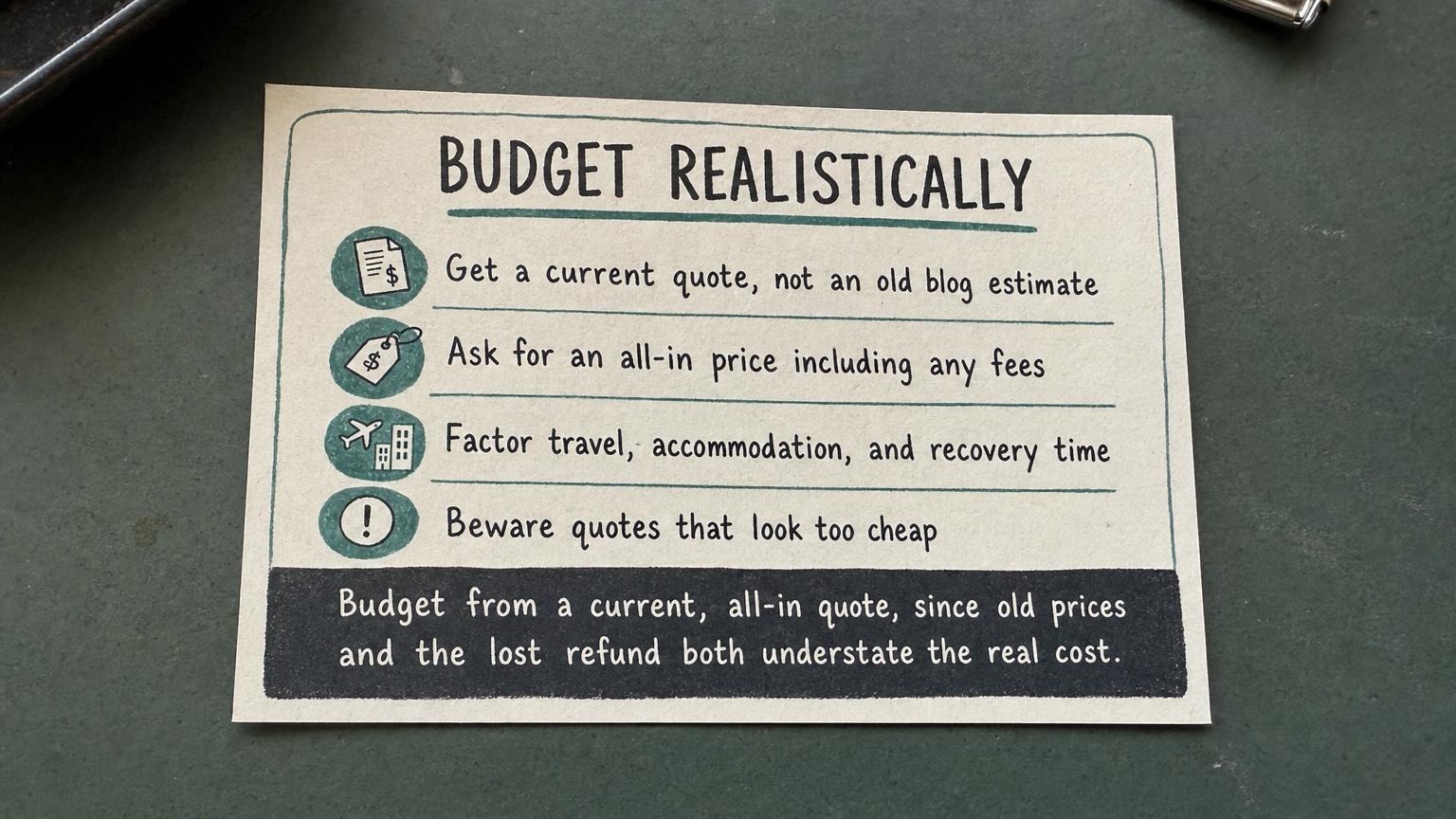 Budget realistically: get a current all-in quote, factor travel and recovery, beware cheap quotes