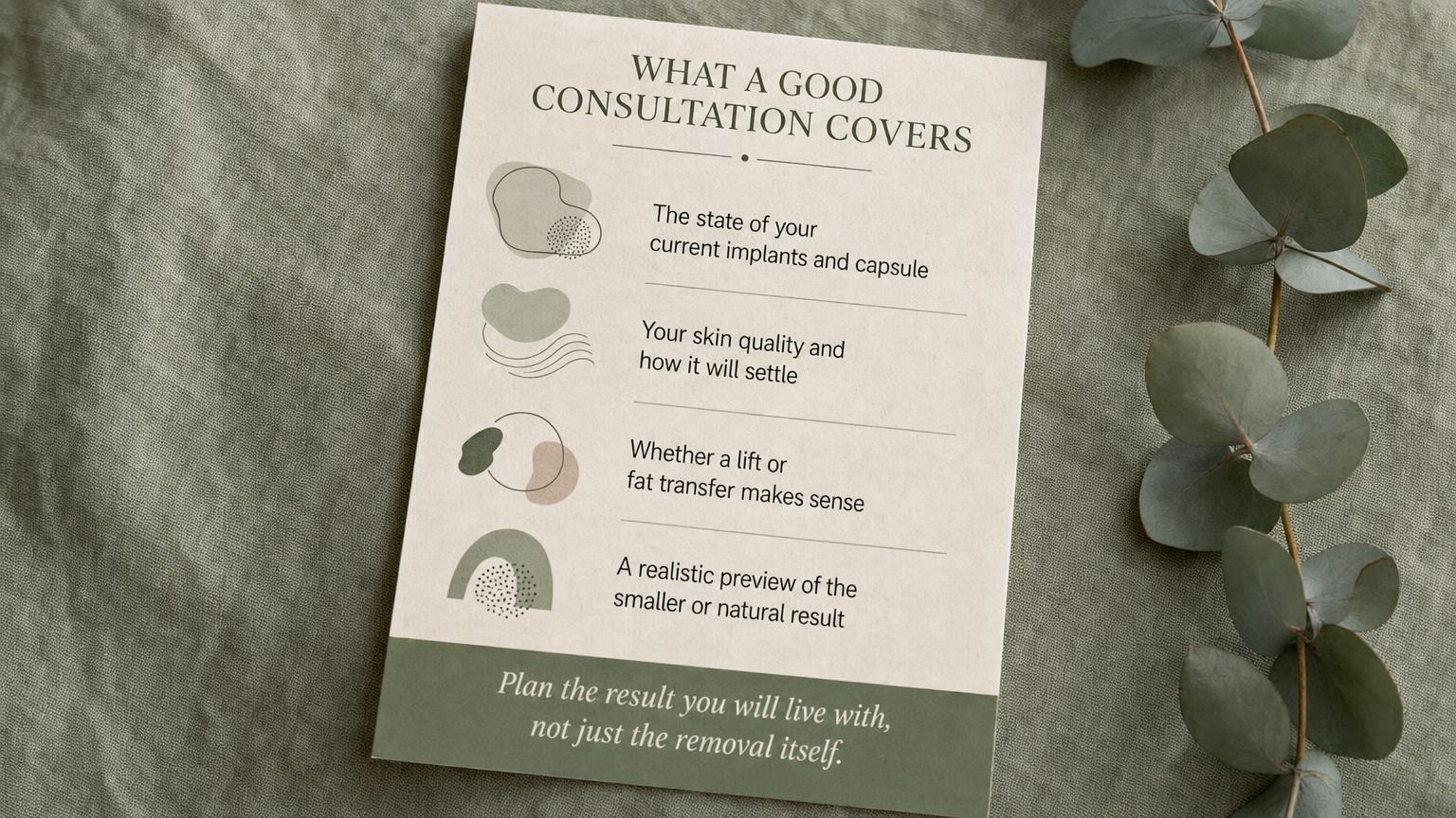What a good consultation covers: implants, capsule, skin quality, lift or fat transfer, realistic preview