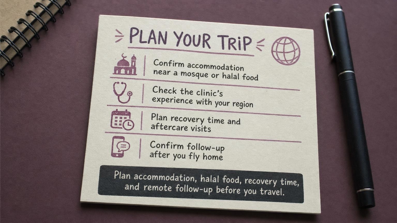 Plan your trip: halal food, recovery time, and remote follow-up before you travel