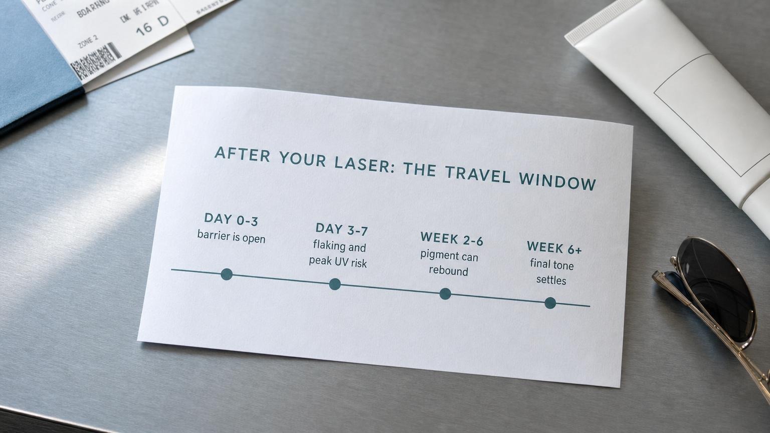 The post-laser travel window: day 0-3 barrier open, day 3-7 flaking and peak UV risk, week 2-6 pigment can rebound, week 6+ final tone settles