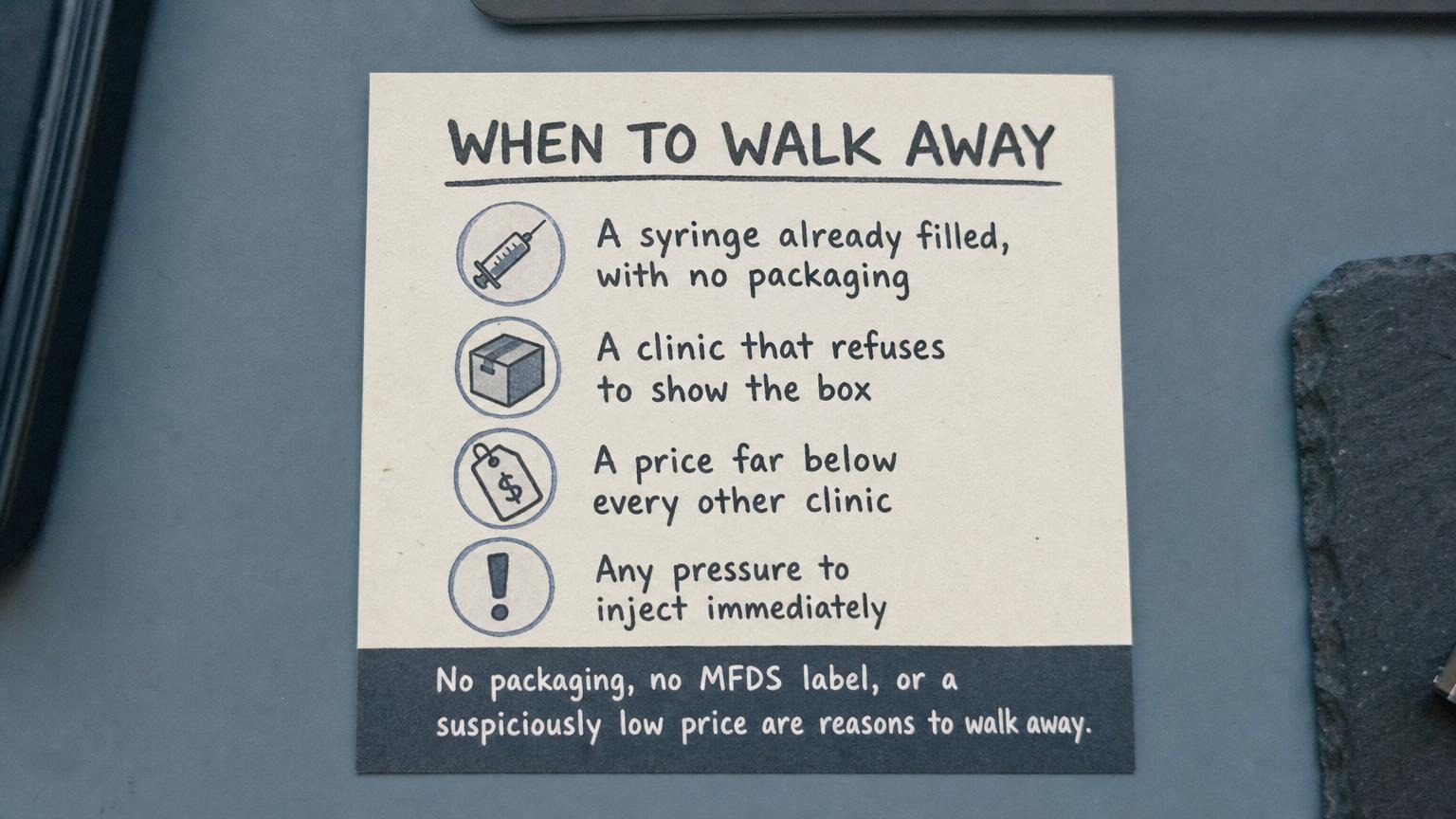 When to walk away: no packaging, no MFDS label, or a suspiciously low price