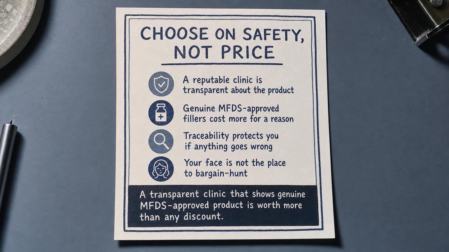 Choose on safety, not price: a transparent clinic showing genuine MFDS product