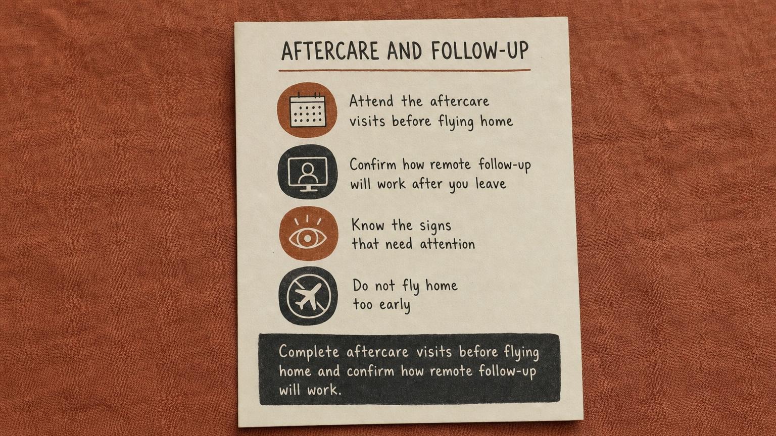 Aftercare and follow-up: complete aftercare visits before flying home