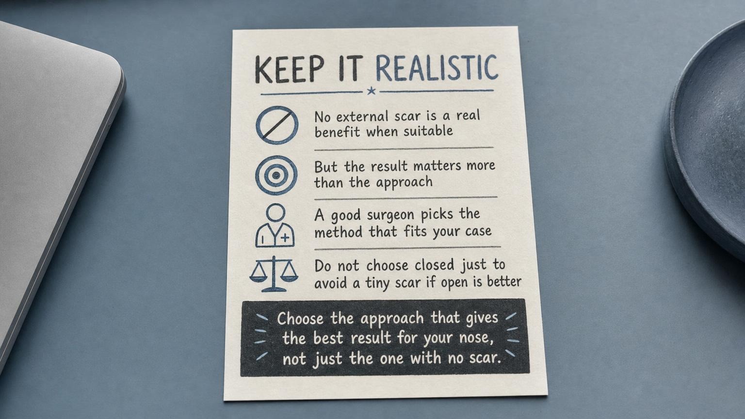 Keep it realistic: choose the approach that gives the best result, not just no scar