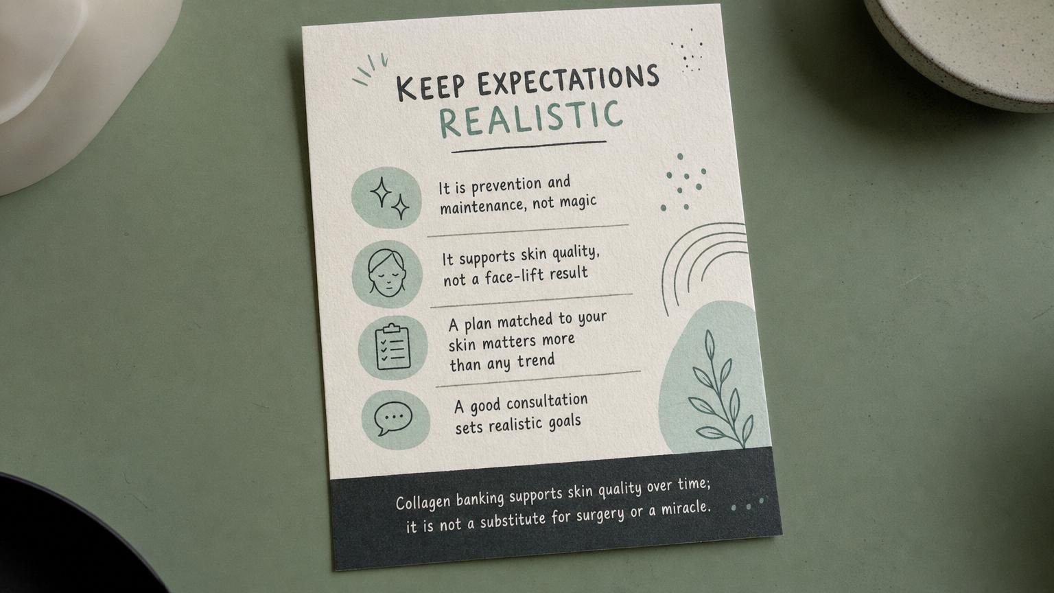 Keep expectations realistic: collagen banking supports skin quality, not a miracle