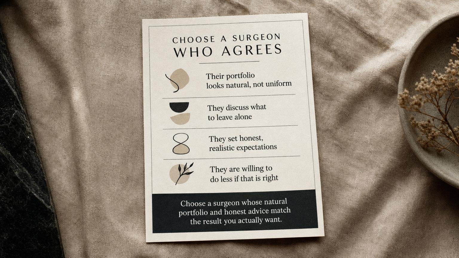 Choose a surgeon whose natural portfolio and honest advice match your goal