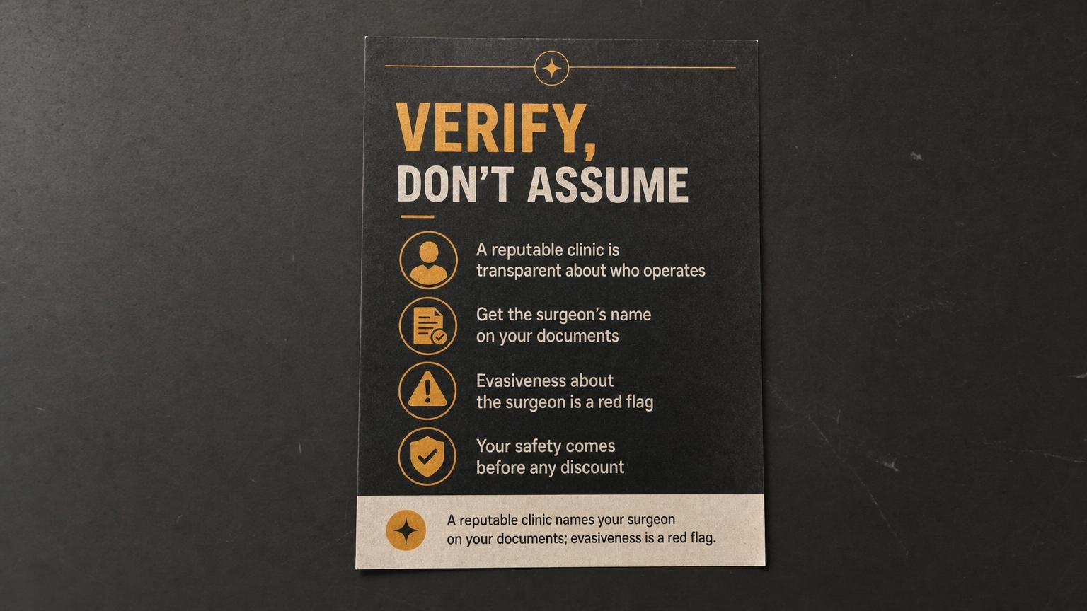 Verify, don't assume: a reputable clinic names your surgeon on your documents