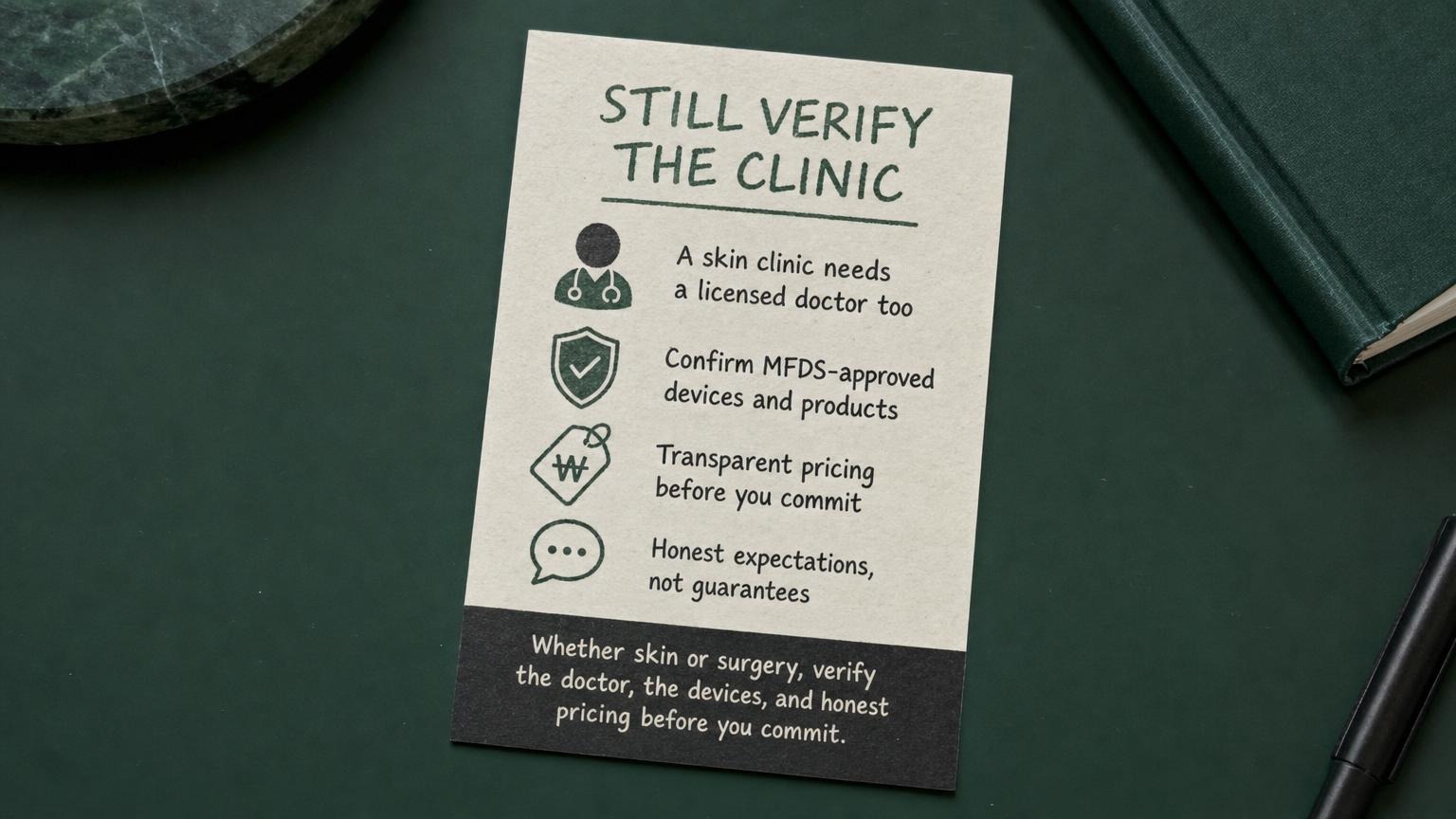 Still verify the clinic: doctor, MFDS-approved devices, honest pricing