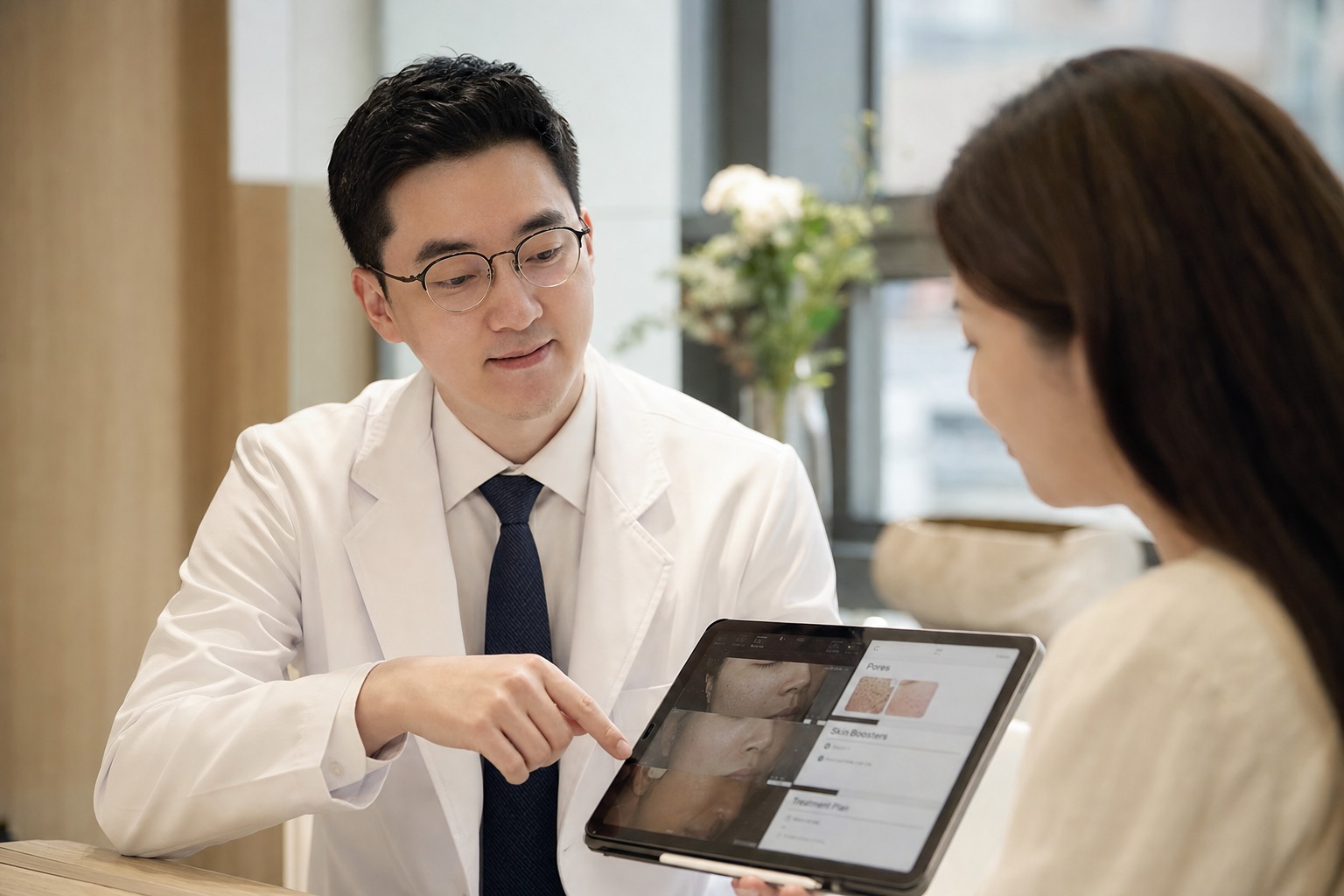 Dr. Jung Min Su, co-director at Link Plastic Surgery, discussing a skin-quality and injectable plan with a patient.