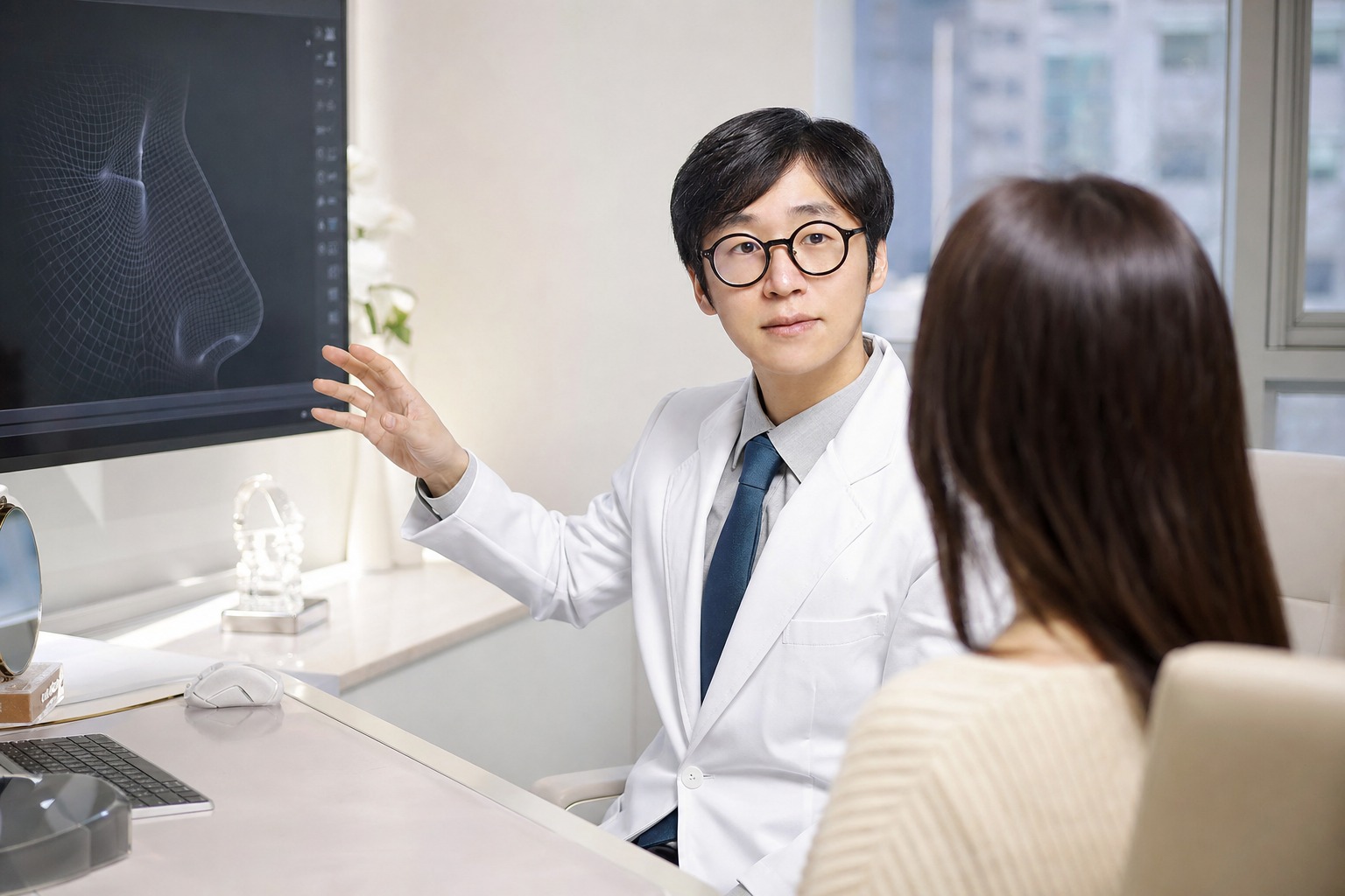 Dr. Sung Ha Min, co-director at Link Plastic Surgery, reviewing a 3D rhinoplasty plan directly with a patient.