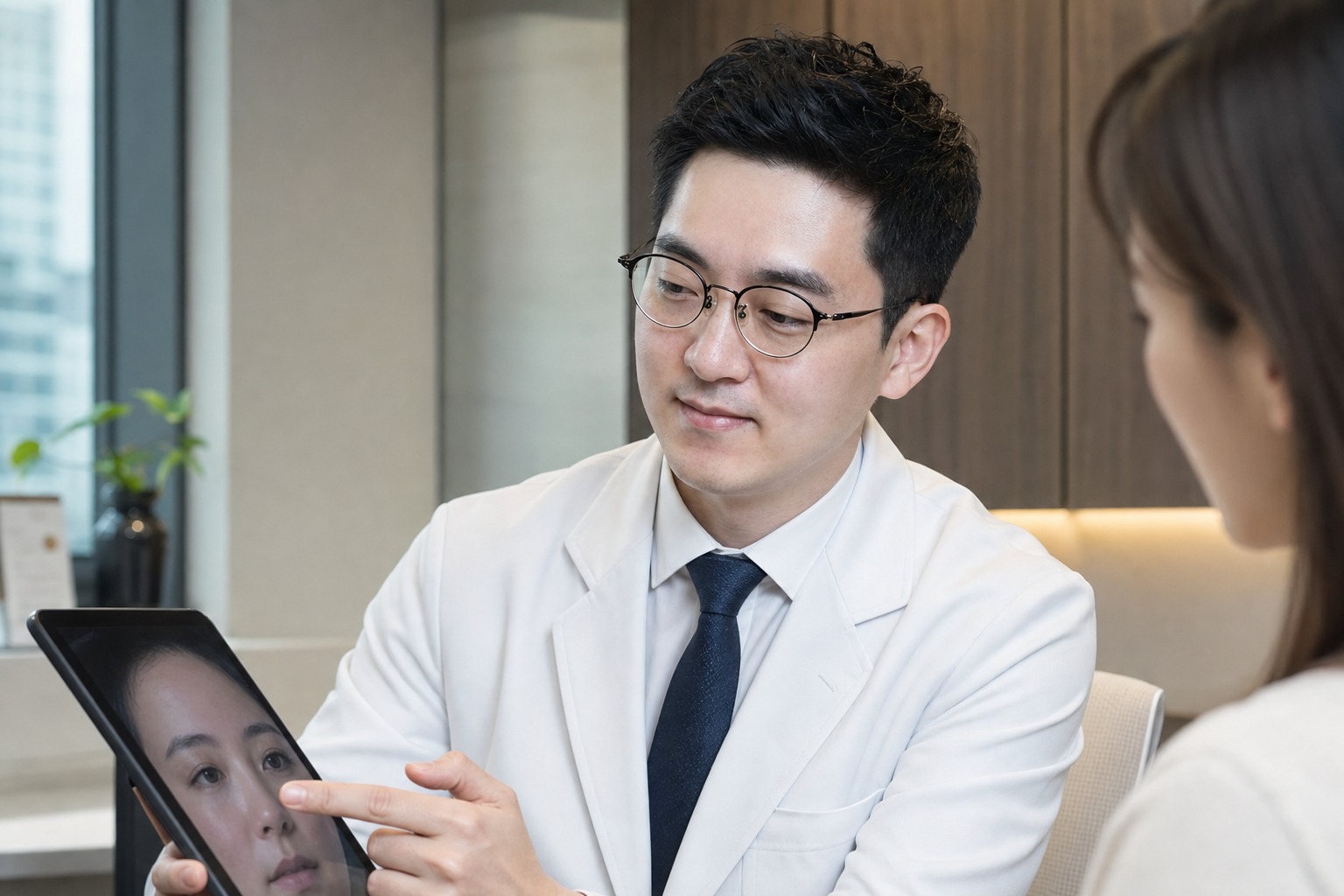 Dr. Jung Min Su, co-director at Link Plastic Surgery, reviewing a face-contouring assessment with a patient.