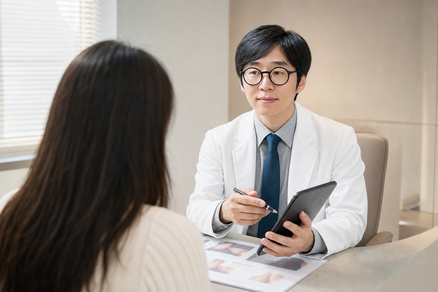 Dr. Sung Ha Min, co-director at Link Plastic Surgery, reviewing a breast revision plan with a patient.