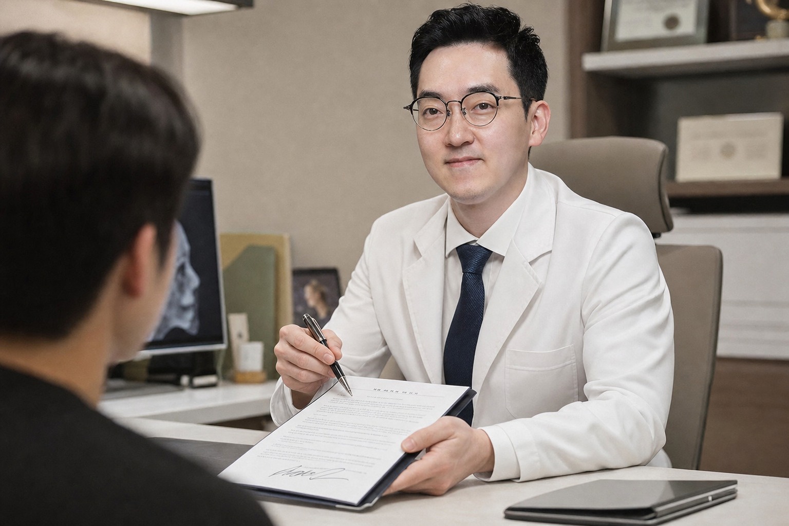 Dr. Jung Min Su at Link Plastic Surgery on confirming the operating surgeon in writing