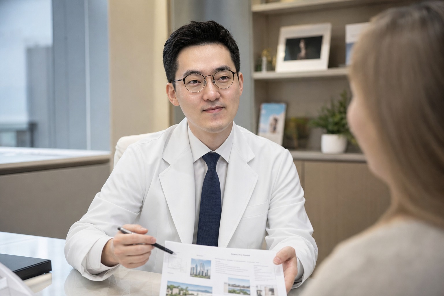 Dr. Jung Min Su, co-director at Link Plastic Surgery, welcoming an international patient and reviewing a travel and aftercare plan.