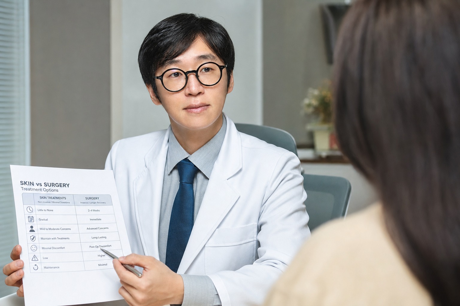 Dr. Sung Ha Min, co-director at Link Plastic Surgery, explaining when a skin treatment or surgery best fits a patient's goal.