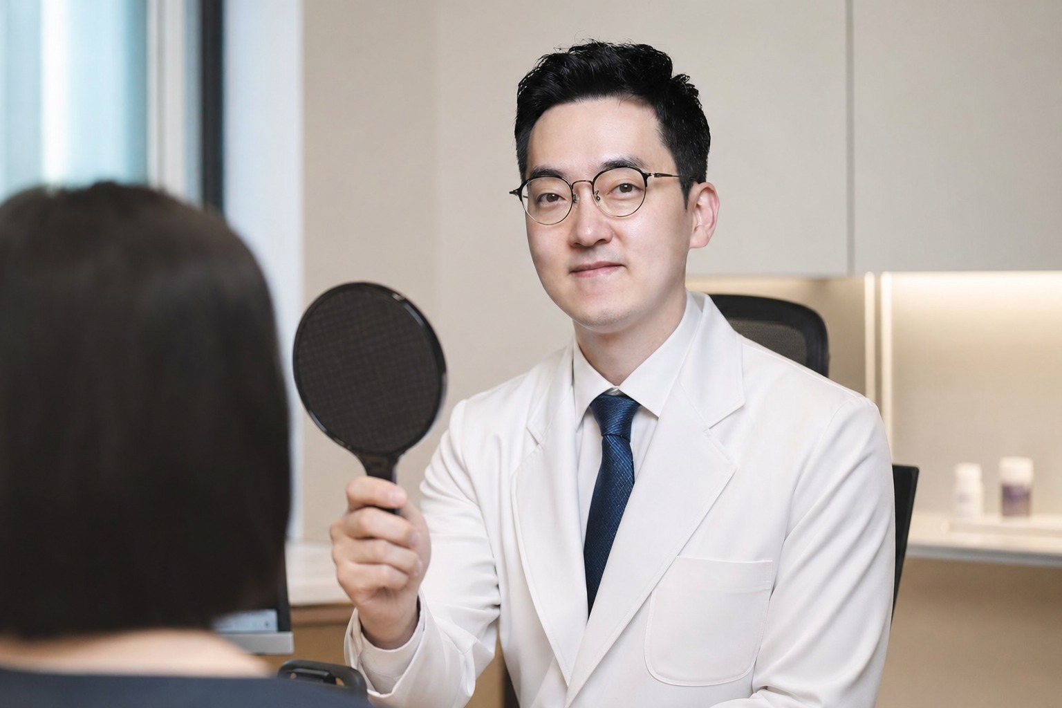 Dr. Jung Min Su, co-director at Link Plastic Surgery, discussing a natural, subtle result with a patient.