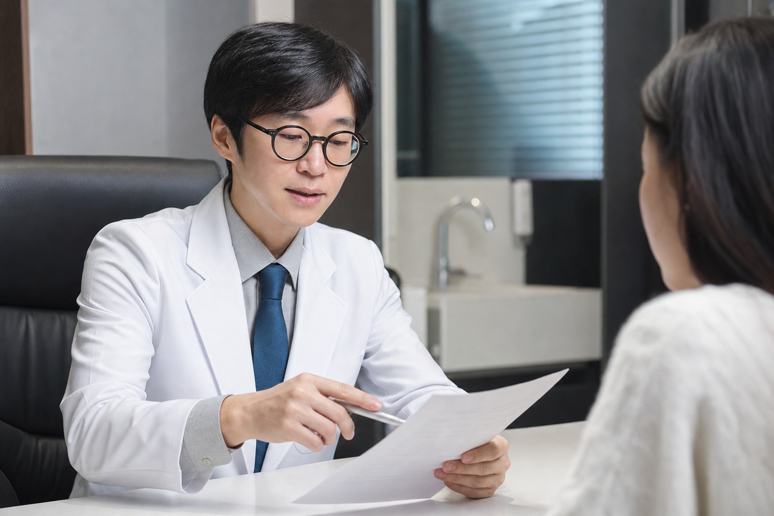Dr. Sung Ha Min, co-director at Link Plastic Surgery, reviewing a booking and coordination plan directly with a patient.