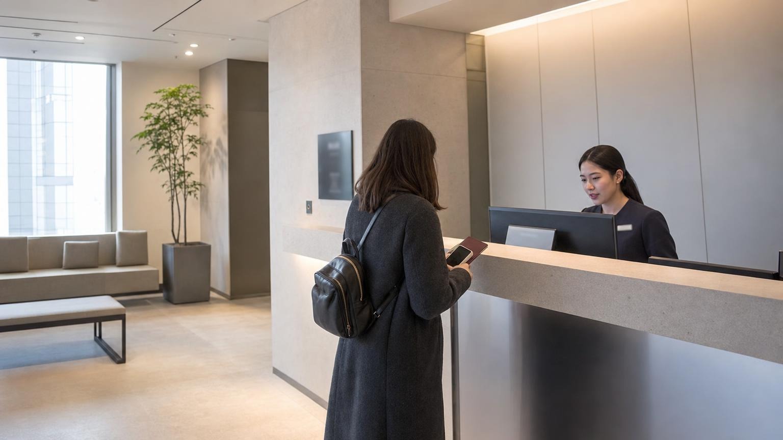 An international patient checking in at the reception of a Seoul plastic surgery clinic