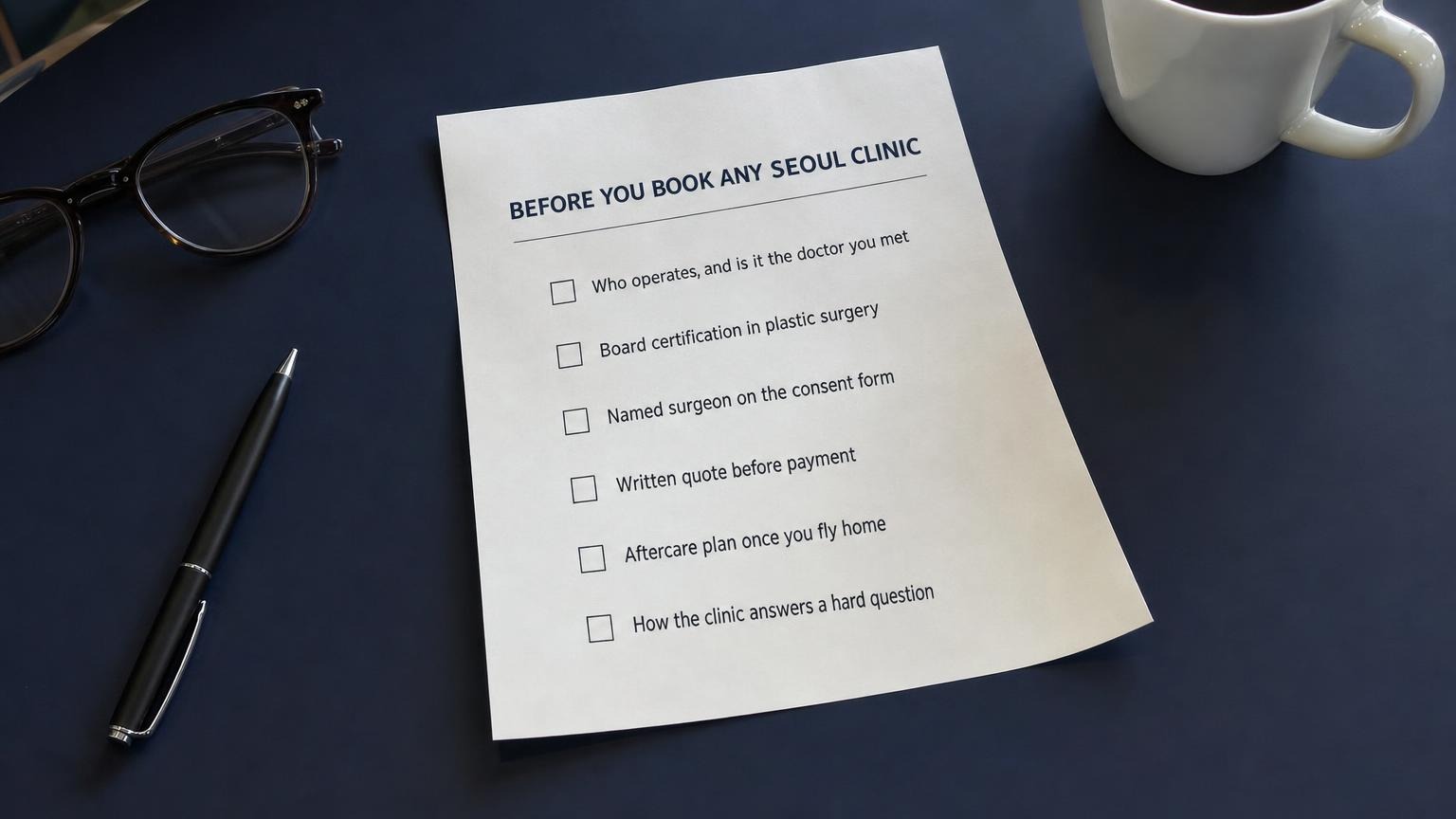 Checklist to run before booking any Seoul clinic: who operates, board certification, named surgeon, written quote, aftercare plan, and how hard questions are answered